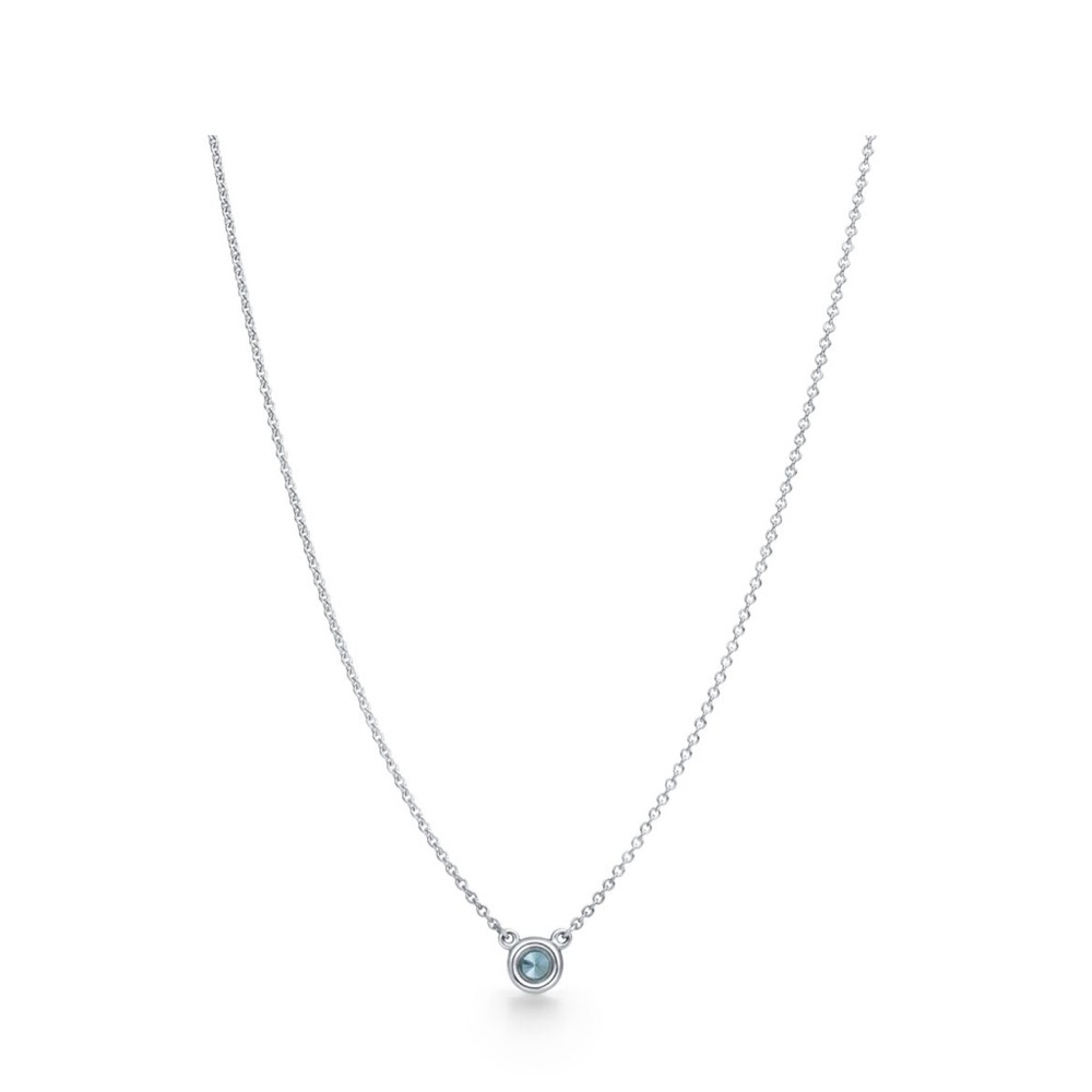 Tiffany’s sterling silver necklace, round aquamarine. 16" chain.Carat weight .13